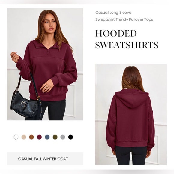 PrettyGarden | Cropped Quarter Zip Pullover Burgundy Hoodie | Size L | NWOT - Picture 4 of 14
